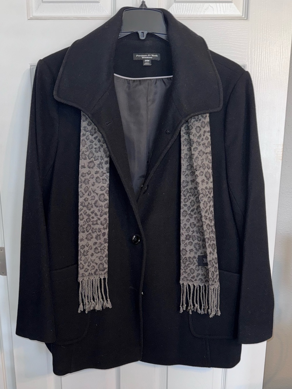 Preston & York Black Wool-Blend Pea Coat with Gray Patterned Scarf